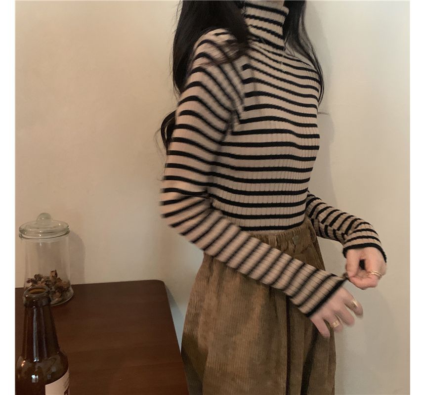 Long-Sleeve Turtleneck Striped Ribbed Knit Top SpreePicky