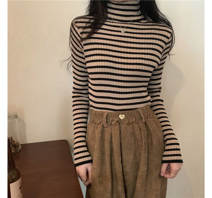 Long-Sleeve Turtleneck Striped Ribbed Knit Top SpreePicky