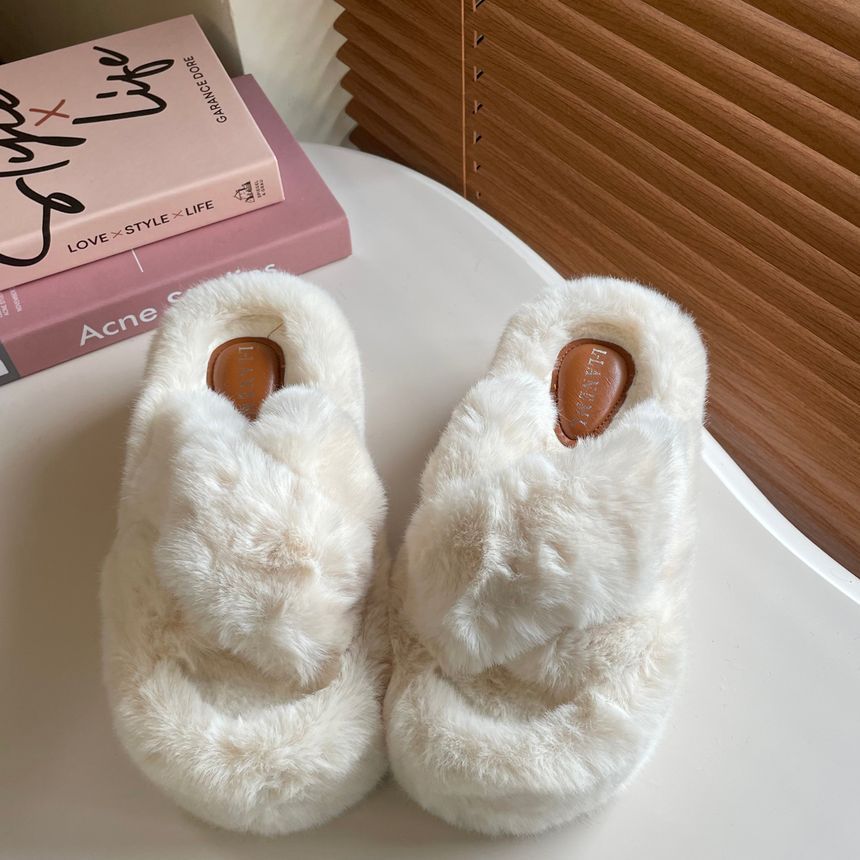 Plain Fluffy Platform Slippers SpreePicky