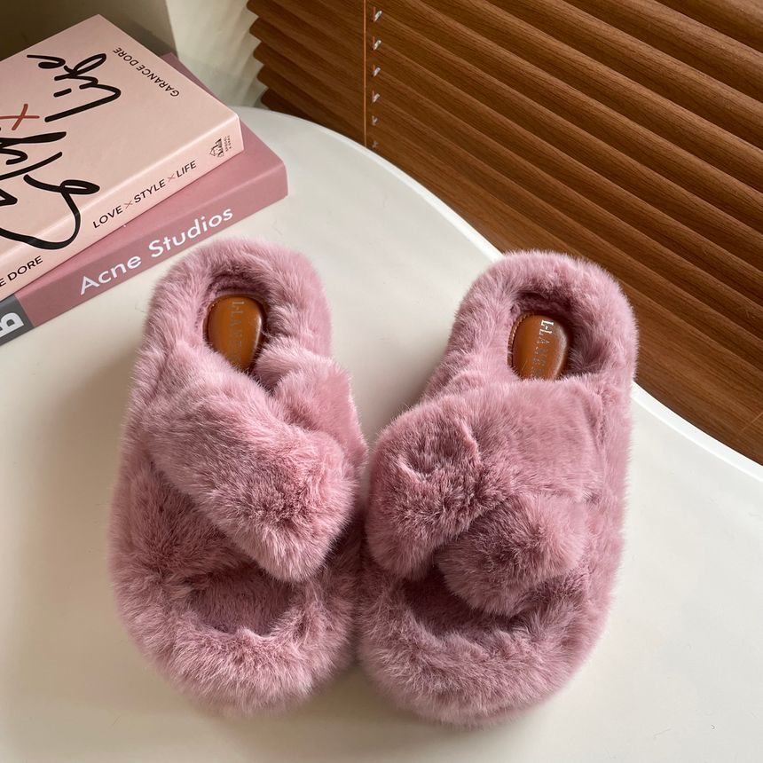 Plain Fluffy Platform Slippers SpreePicky