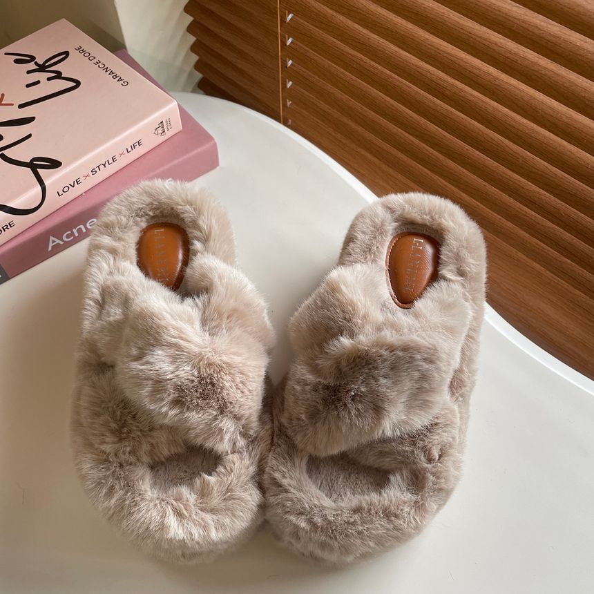 Plain Fluffy Platform Slippers SpreePicky