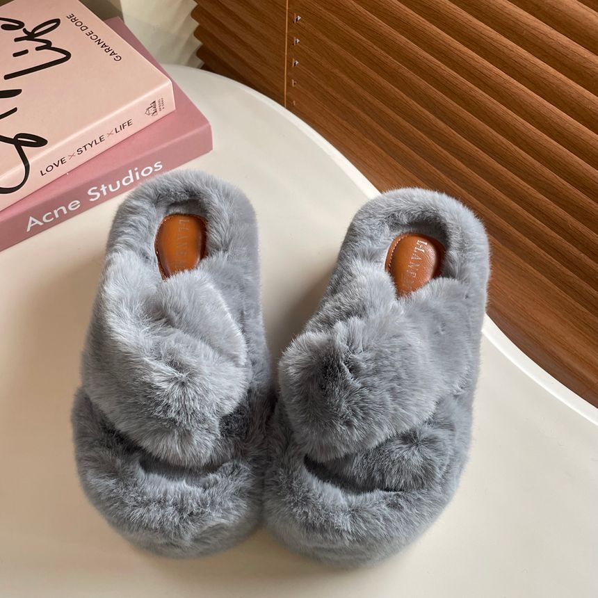 Plain Fluffy Platform Slippers SpreePicky