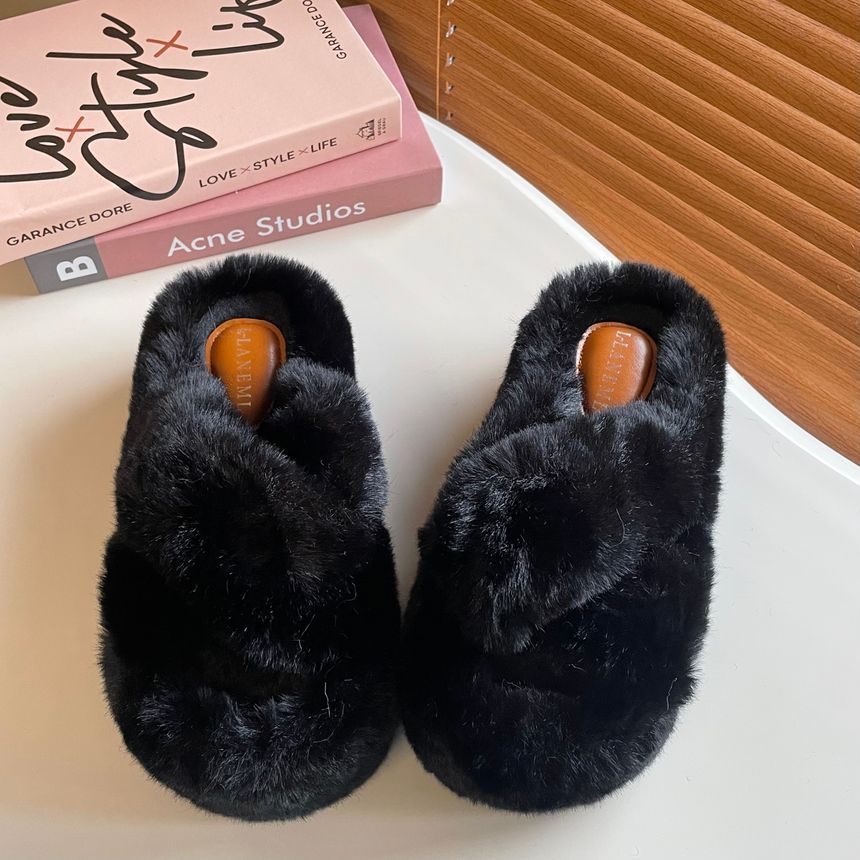 Plain Fluffy Platform Slippers SpreePicky