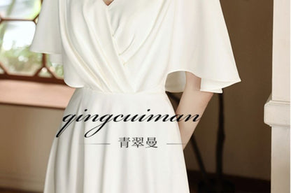 Elbow-Sleeve V-Neck Plain Maxi A-Line Dress SpreePicky