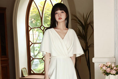 Elbow-Sleeve V-Neck Plain Maxi A-Line Dress SpreePicky