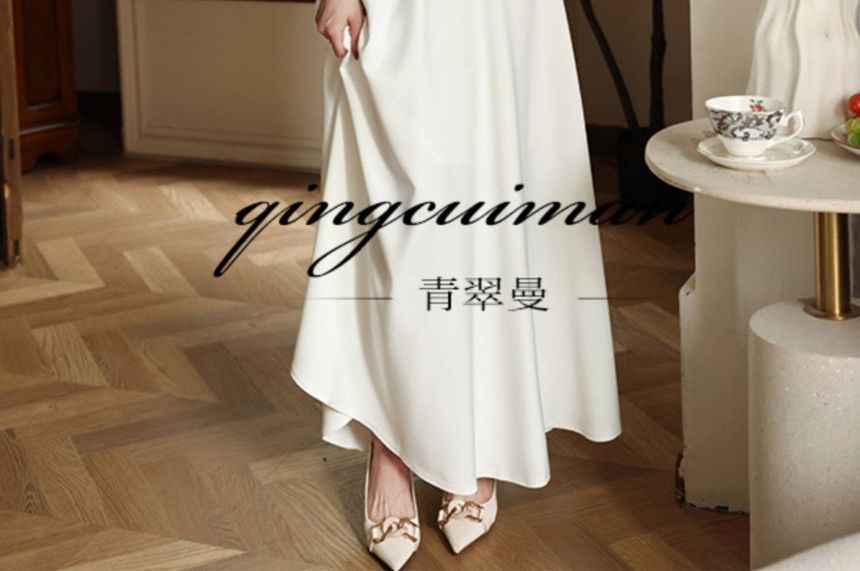 Elbow-Sleeve V-Neck Plain Maxi A-Line Dress SpreePicky