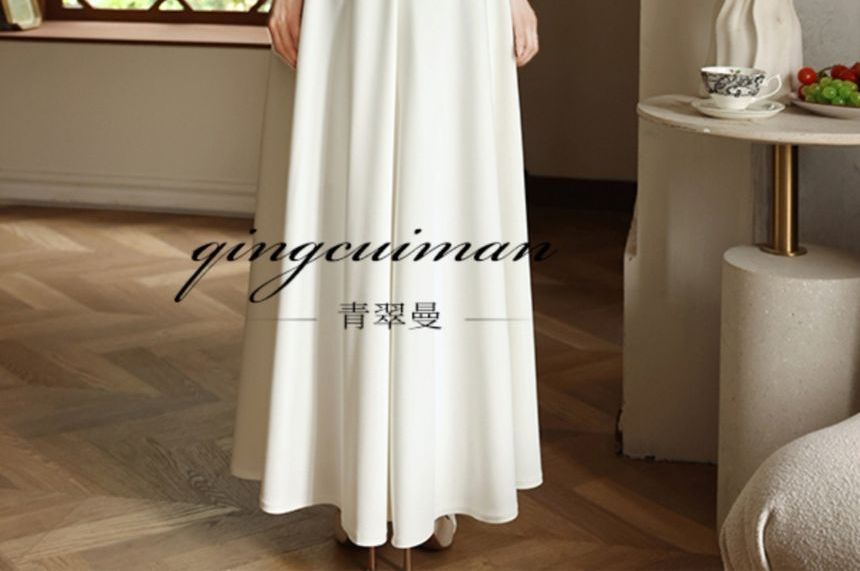 Elbow-Sleeve V-Neck Plain Maxi A-Line Dress SpreePicky