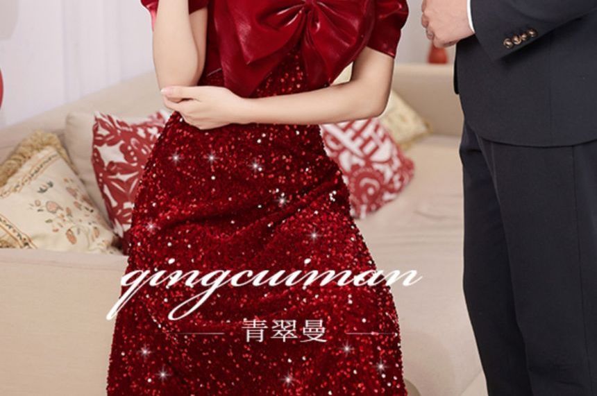 Short-Sleeve Off-Shoulder Plain Sequin Bow Accent A-Line Evening Gown SpreePicky