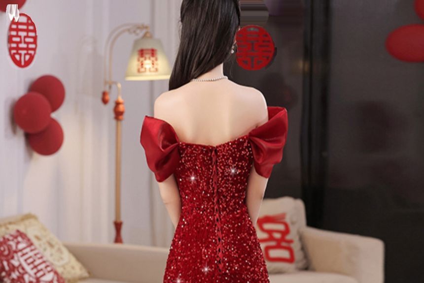 Short-Sleeve Off-Shoulder Plain Sequin Bow Accent A-Line Evening Gown SpreePicky