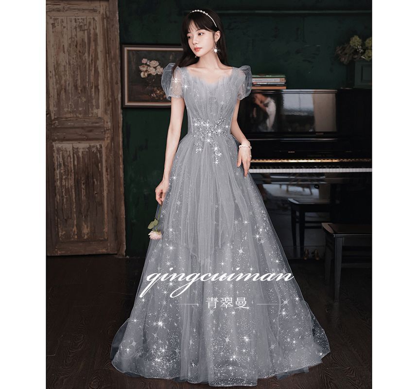 Puff-Sleeve Sweetheart Neckline Sequin Mesh A-Line Evening Gown SpreePicky