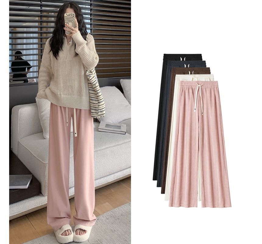 Heart Logo High Rise Drawstring Plain Wide Leg Sweatpants SpreePicky