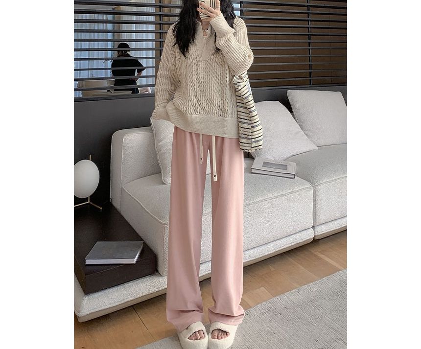 Heart Logo High Rise Drawstring Plain Wide Leg Sweatpants SpreePicky