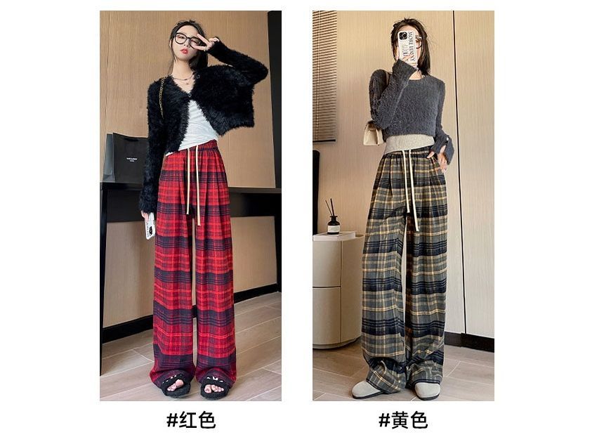 Plaid High Rise Wide Leg Drawstring Sweatpants SpreePicky