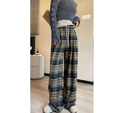 Plaid High Rise Wide Leg Drawstring Sweatpants SpreePicky