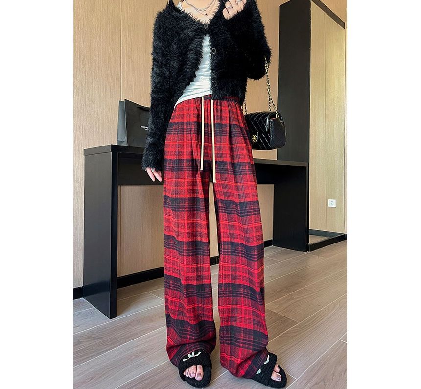 Plaid High Rise Wide Leg Drawstring Sweatpants SpreePicky