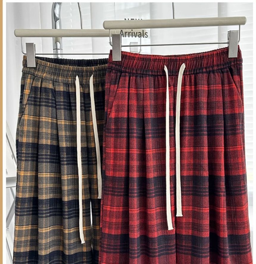 Plaid High Rise Wide Leg Drawstring Sweatpants SpreePicky