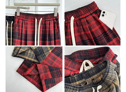 Plaid High Rise Wide Leg Drawstring Sweatpants SpreePicky