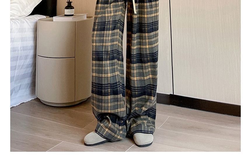 Plaid High Rise Wide Leg Drawstring Sweatpants SpreePicky