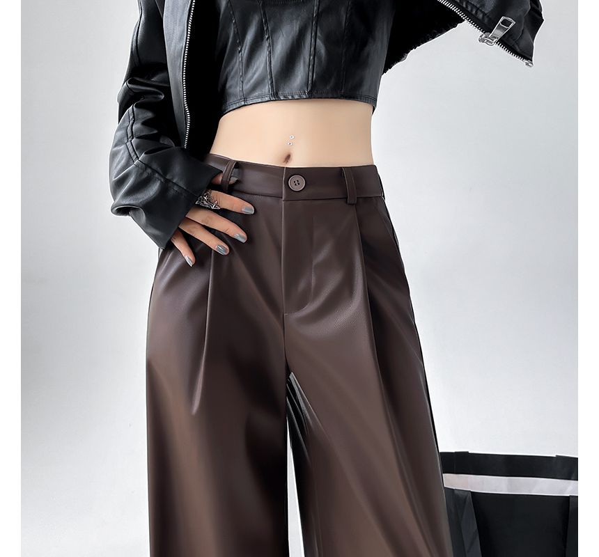 Mid Waist Faux Leather Wide Leg Plain Suit Pants SpreePicky