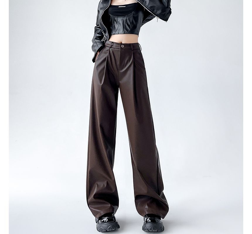 Mid Waist Faux Leather Wide Leg Plain Suit Pants SpreePicky