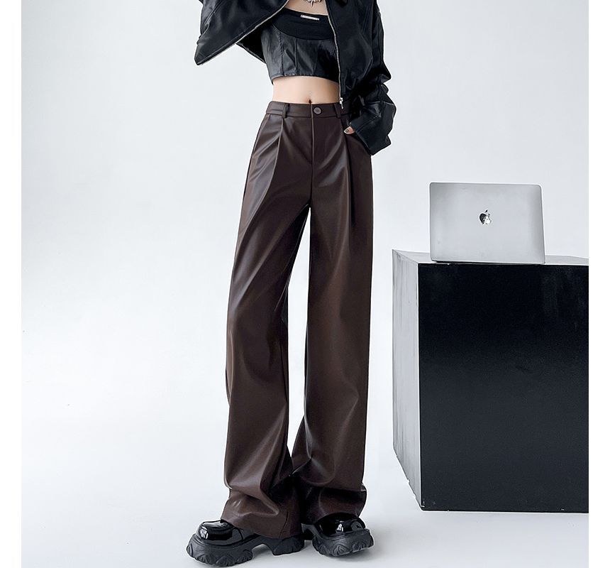 Mid Waist Faux Leather Wide Leg Plain Suit Pants SpreePicky