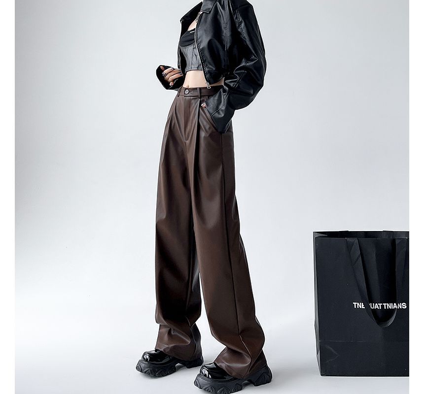 Mid Waist Faux Leather Wide Leg Plain Suit Pants SpreePicky