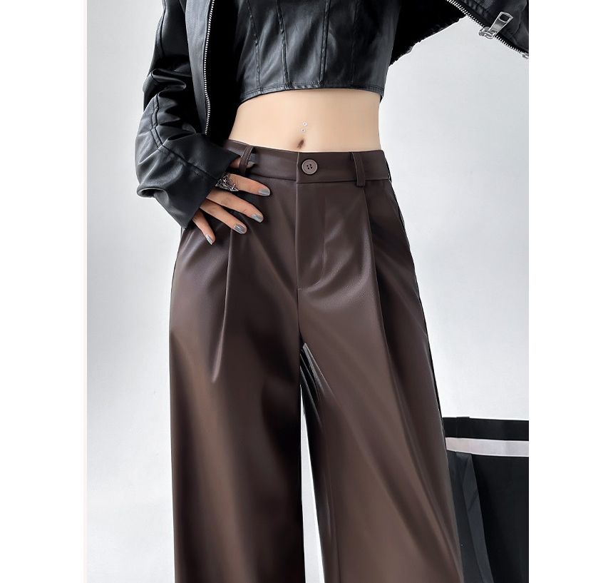 Mid Waist Faux Leather Wide Leg Plain Suit Pants SpreePicky