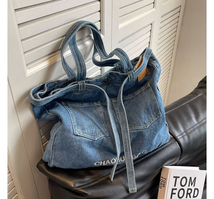 Lettering Washed Denim Tote Bag SpreePicky