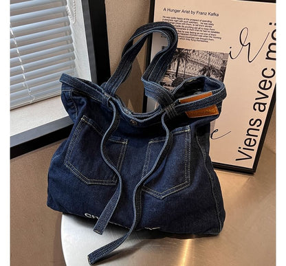 Lettering Washed Denim Tote Bag SpreePicky