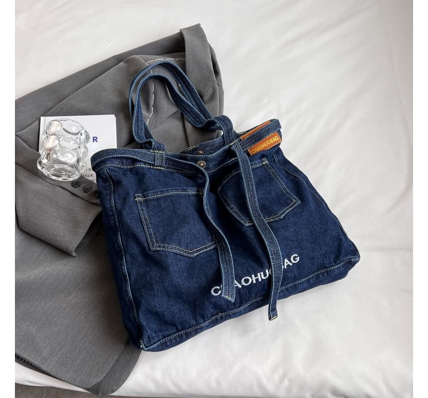 Lettering Washed Denim Tote Bag SpreePicky