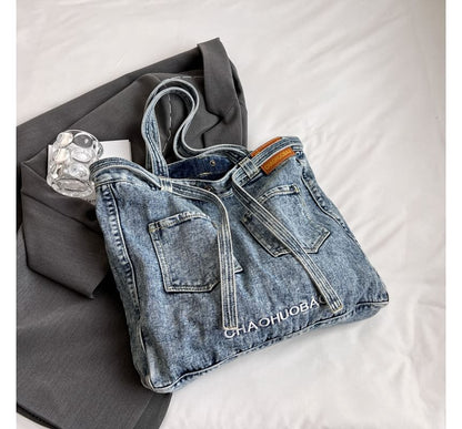 Lettering Washed Denim Tote Bag SpreePicky