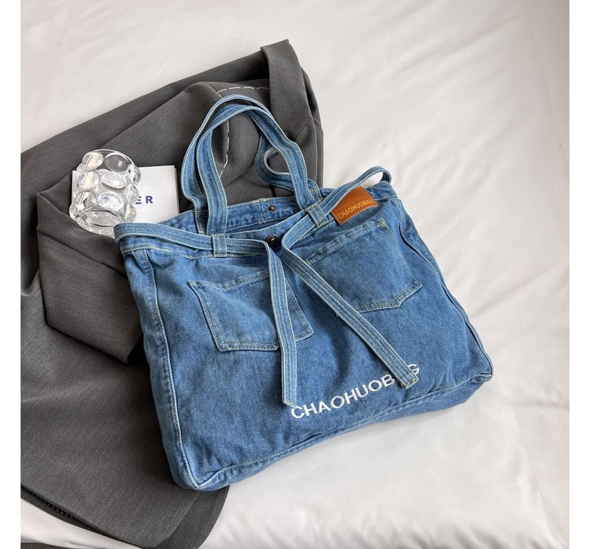 Lettering Washed Denim Tote Bag SpreePicky