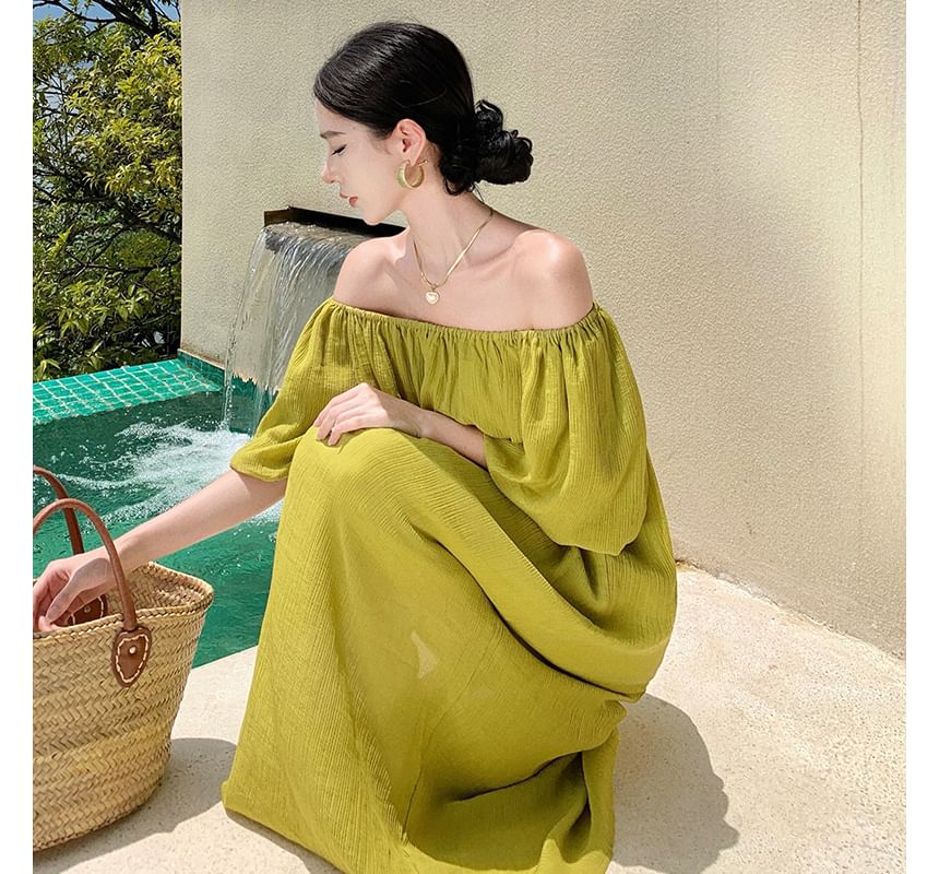 Off-Shoulder Plain Shirred Midi Sundress SpreePicky