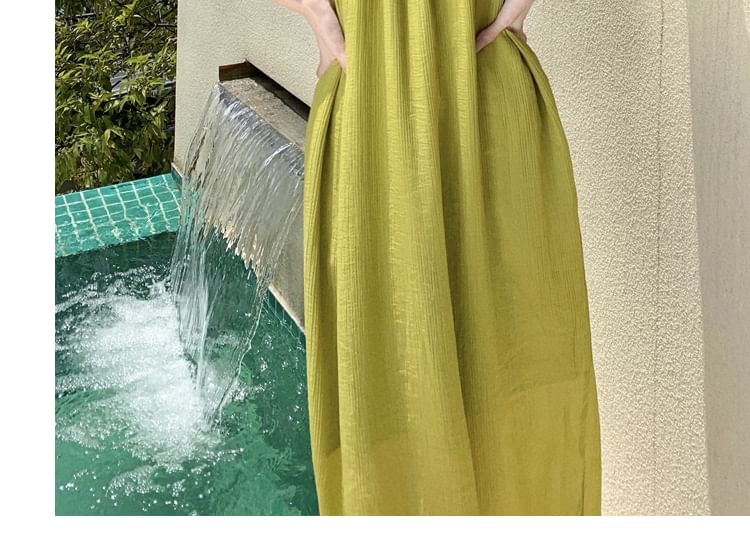 Off-Shoulder Plain Shirred Midi Sundress SpreePicky