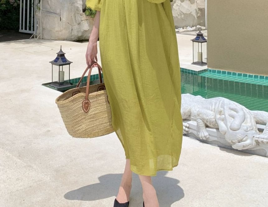 Off-Shoulder Plain Shirred Midi Sundress SpreePicky