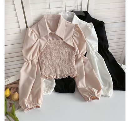 Puff-Sleeve Plain Smocked Shirred Blouse mySite