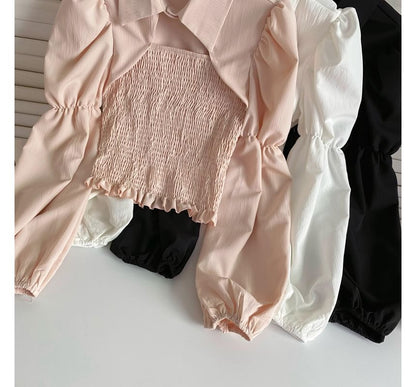 Puff-Sleeve Plain Smocked Shirred Blouse mySite