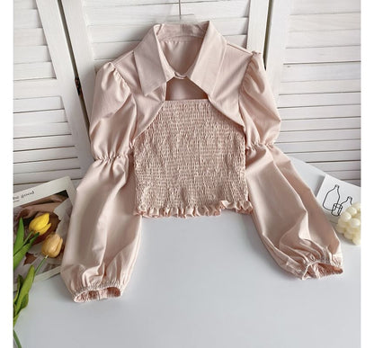 Puff-Sleeve Plain Smocked Shirred Blouse mySite