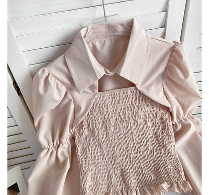 Puff-Sleeve Plain Smocked Shirred Blouse mySite