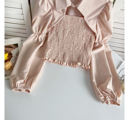 Puff-Sleeve Plain Smocked Shirred Blouse mySite