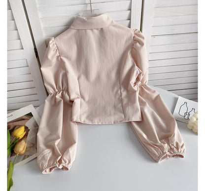 Puff-Sleeve Plain Smocked Shirred Blouse mySite