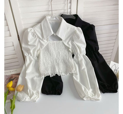 Puff-Sleeve Plain Smocked Shirred Blouse mySite