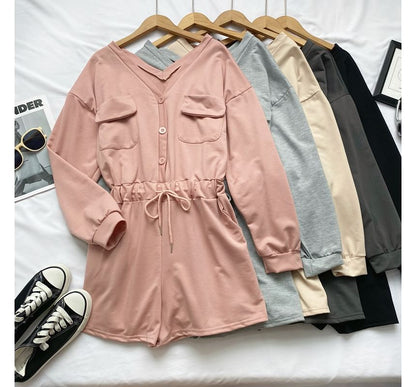 Long-Sleeve V-Neck Plain Button-Up Drawstring Romper mySite