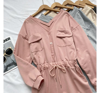 Long-Sleeve V-Neck Plain Button-Up Drawstring Romper mySite