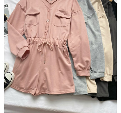 Long-Sleeve V-Neck Plain Button-Up Drawstring Romper mySite