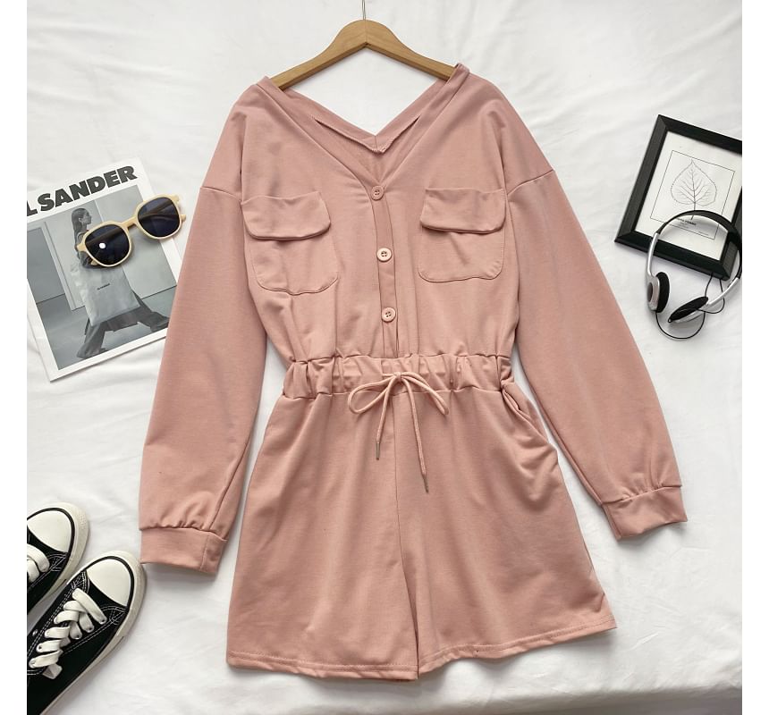 Long-Sleeve V-Neck Plain Button-Up Drawstring Romper mySite