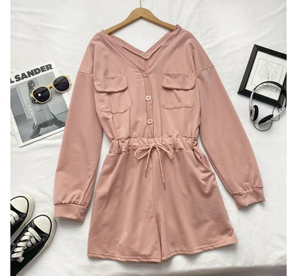 Long-Sleeve V-Neck Plain Button-Up Drawstring Romper mySite