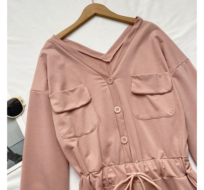 Long-Sleeve V-Neck Plain Button-Up Drawstring Romper mySite