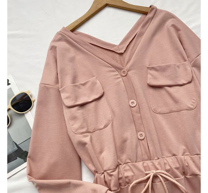 Long-Sleeve V-Neck Plain Button-Up Drawstring Romper mySite