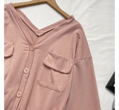 Long-Sleeve V-Neck Plain Button-Up Drawstring Romper mySite